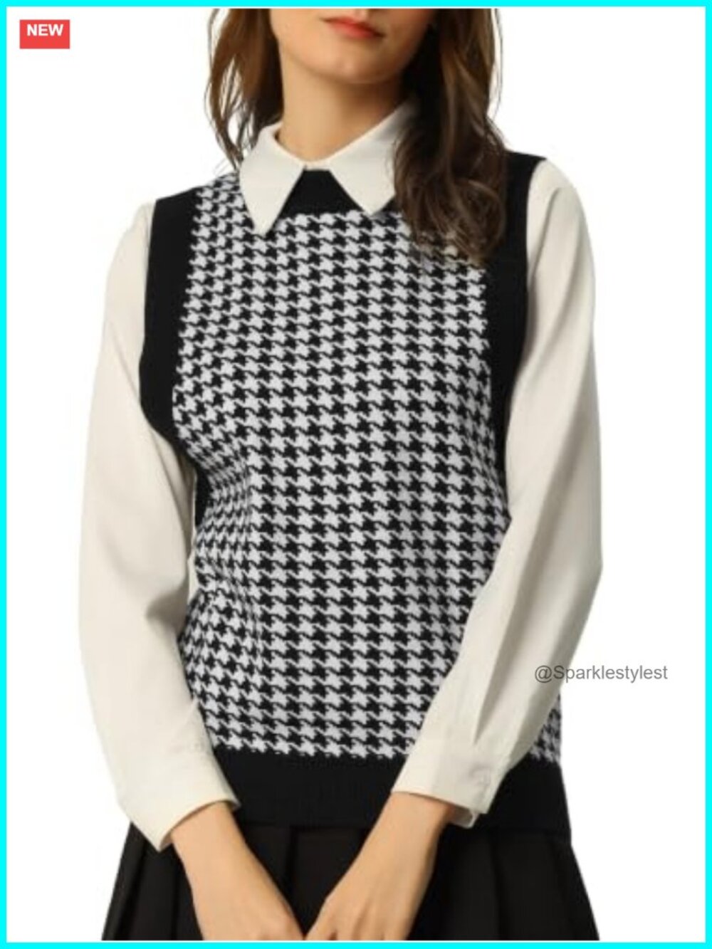 Women's Houndstooth Plaid Knitted Vest Sweater Sleeveless Round Neck